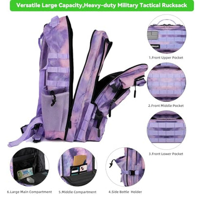 Military Tactical Backpack 55L for Men & Women Bug Out Bag Assault pack Molle Daypack Hiking Trekking Rucksack (Cloud Purple Tie Dyeing) - color: Cloud Purple Tie Dyeing