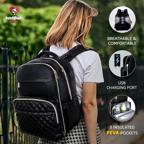 Large PU Leather Diaper Bag Backpack Set (3-Piece) – Baby Bag with Large Changing Pad, Insulated Warm/Cool Bottle Pockets Organization, Newborn Essentials Travel Gift for Mom & Dad, Best Baby Shower