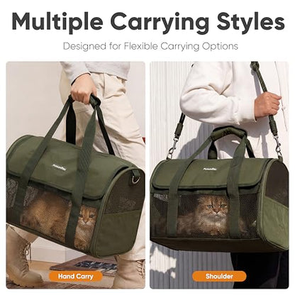 FUKUMARU Cat Carrier, Light & Airy Pet Carrier, 18x11x11 Airline Approved Dog Carrier for Small Dogs, 2-in-1 Shoulder Strap Leash, Collapsible Soft Cat Travel Carrier with Anti-Scratch Mesh, Green - color: Green