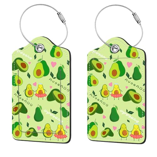 2 Pcs Luggage Tags for Suitcase, Cute Unique PU Leather Travel Bag Tag with Privacy Cover ID Label Address Card and Durable Metal Ring Suitable for Men Women Children Backpack,Avocado - color: Avocado