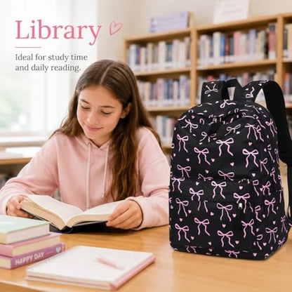 LOIDOU Backpack for Teen Girls Bookbags School Backpack with Lunch Box and Pencil Case 3 in 1 School Bags Set - color: Black Bow-Tie