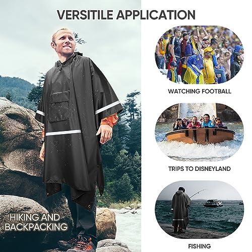 PTEROMY 3-in-1 Hooded Rain Poncho for Adult with Pocket, Waterproof Lightweight Unisex Raincoat for Hiking Camping Emergency - color: Black W/ Reflective Stripe