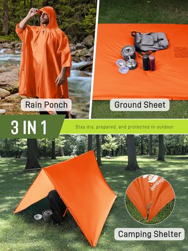 SaphiRose Extra Thick Hooded Rain Poncho Double Layer Waterproof Raincoat Jacket for Men Women Adults - color: Orange