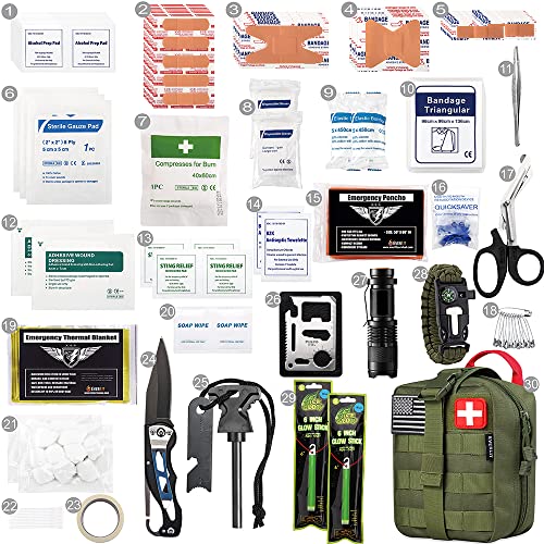 EVERLIT 250 Pieces Survival First Aid Kit IFAK EMT Molle Pouch Survival Kit Outdoor Gear Emergency Kits Trauma Bag for Camping Boat Hunting Hiking Home Car Earthquake and Adventures - color: Od Green