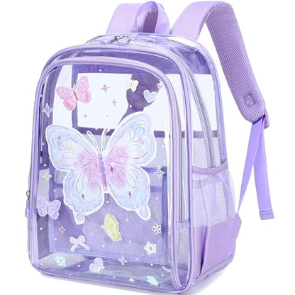 AO ALI VICTORY Clear Backpack for School,PVC Transparent Kids Bookbag for Girls Boys Cute Toddler Back Pack Kindergarten Elementary Schoolbag Stadium Approved See Through Backpacks, Purple Butterfly - color: Purple Butterfly