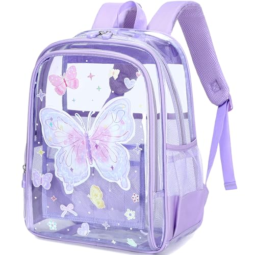 AO ALI VICTORY Clear Backpack for School,PVC Transparent Kids Bookbag for Girls Boys Cute Toddler Back Pack Kindergarten Elementary Schoolbag Stadium Approved See Through Backpacks, Purple Butterfly - color: Purple Butterfly