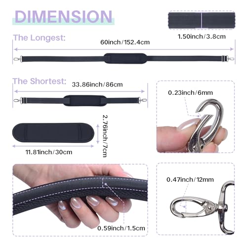 60 Inch Shoulder Strap with Removable Ultra-Thick Pad，Adjustable Buckles and Metal Hooks - color: Black