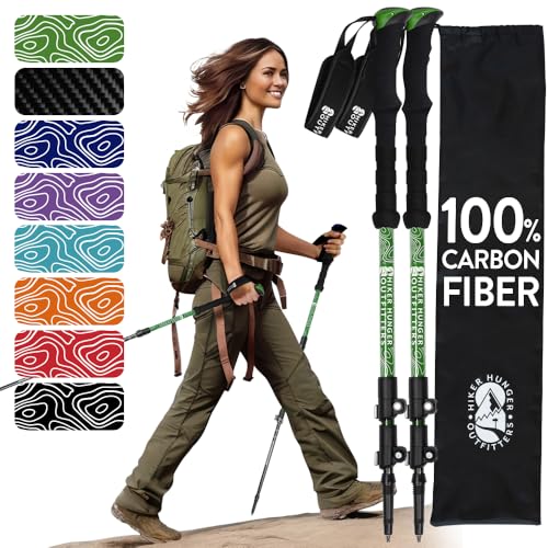 100% Carbon Fiber Trekking Poles by USA Brand - Ultra Strong Lightweight Collapsible Hiking Poles with Cork and EVA Foam Grips & Quick Adjustable Flip Locks - color: EVA Foam - Green