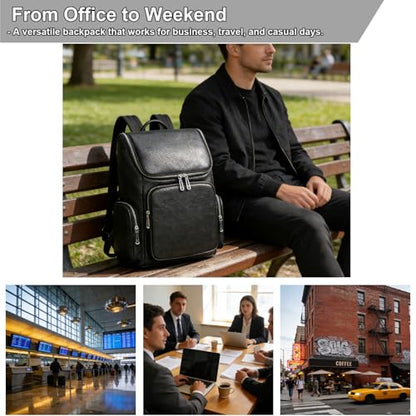 Genuine Leather Black Backpack - 15.6 Inch Business Laptop Backpack for Men & Women, Multi-Compartment Ergonomic Shoulder Bag for Office, Travel - color: Y60&71 Black