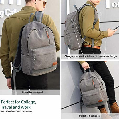Canvas Laptop Backpack, Waterproof School Backpack With USB Charging College - color: Gray