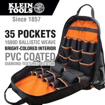 Klein Tools 55475 Tool Bag Backpack, Heavy Duty Tradesman Pro Organizer with 35 Pockets for Hand Tools and Gear