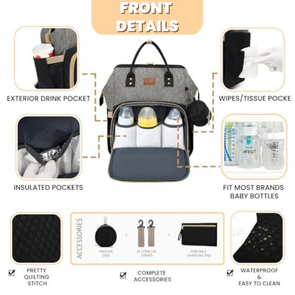 ROSEGIN Diaper Bag Backpack with Changing Pad, Pacifier Case, Baby Bag for Boy Girl Toddler - Large, Stylish, Waterproof Travel Quilted Diaper Bag for Mom - Baby Shower - Black Grey - color: Black/Gray