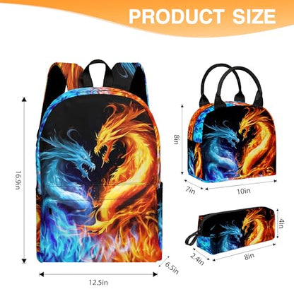 3PCS Backpack for Boys Girls, Kids Back To School Backpack Sets with Lunch Bag Pencil Case, Large Capacity 17 Inch Bookpack 3 in 1 Set for Teens Elementary Middle High School Students (Dragon) - color: Black Dragon