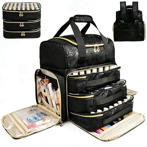 Veirdro Nail Polish Organizer Backpack Holds 130 Bottles (15ml/0.5fl.oz)& Nail Lamp, Extra Large Nail Kit Storage Bag with 3 Removable Carrying Cases, Nail Tech Supplies Organizer Case for Women Black