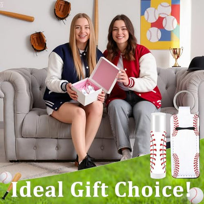 24 Sets Baseball Party Favors Lip Balm and Lipstick Holder Keychain Bulk Sport Ball Team Gifts Natural Moisturizing Lip Balm Keychains Portable Pouch for Team Baseball Sports Party Supplies - style: Baseball