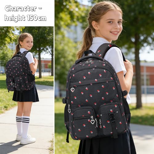Girls Backpack Lightweight Bookbags for High School Laptop Backpack For College Women Big Student Daypack Casual (Strawberry-Black) - color: Strawberry-black