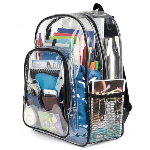 Keepcross Clear Backpack Heavy Duty PVC Clear Bookbag with Reinforced Straps for School College Work, Transparent Backpack See Through for Boys Girls Adults - Black - color: Black