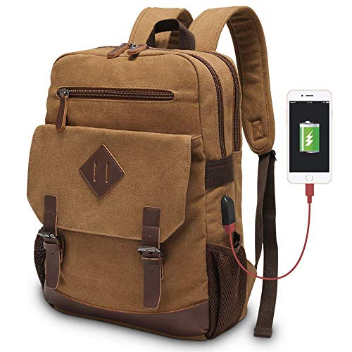 Modoker Eco-Friendly Canvas Backpack for Men Women, Vintage Rucksack Fits Most 15.6 Inch Laptop, Bookbag with USB Charging Port, Brown - color: Brown