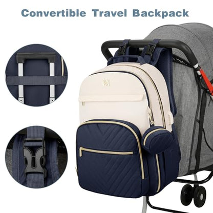 MOMUVO Diaper Bag Backpack, Quilted Baby Bag with Changing Pad & Stroller Straps & Pacifier Case, Large Travel Diaper Bags for Mom Dad, Blue Beige - color: Blue Beige
