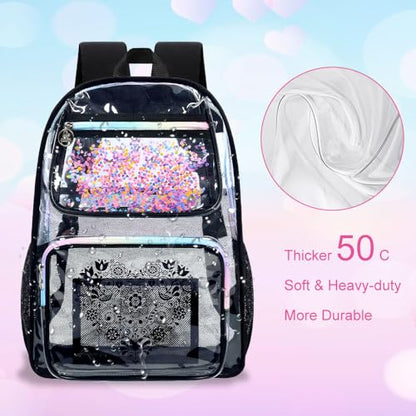 gxtvo 3PCS Clear Backpack, Women’s Sequins Transparent Bookbag Set, Cute Heavy Duty See-Through School Bag for Teens and Elementary Students – Flower Black Love - color: Flower Black Love Clear Backpack Set