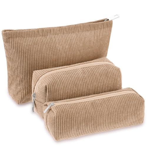 Huhumy 3 Pcs Makeup Bag Set for Women Corduroy Cosmetic Pouch Aesthetic Smile Travel Toiletry Bag Cute Purse Pouch Pencil Case Makeup Brushes Storage Organizer with Zipper(Khaki,Solid Style) - color: Khaki, style: Solid Style