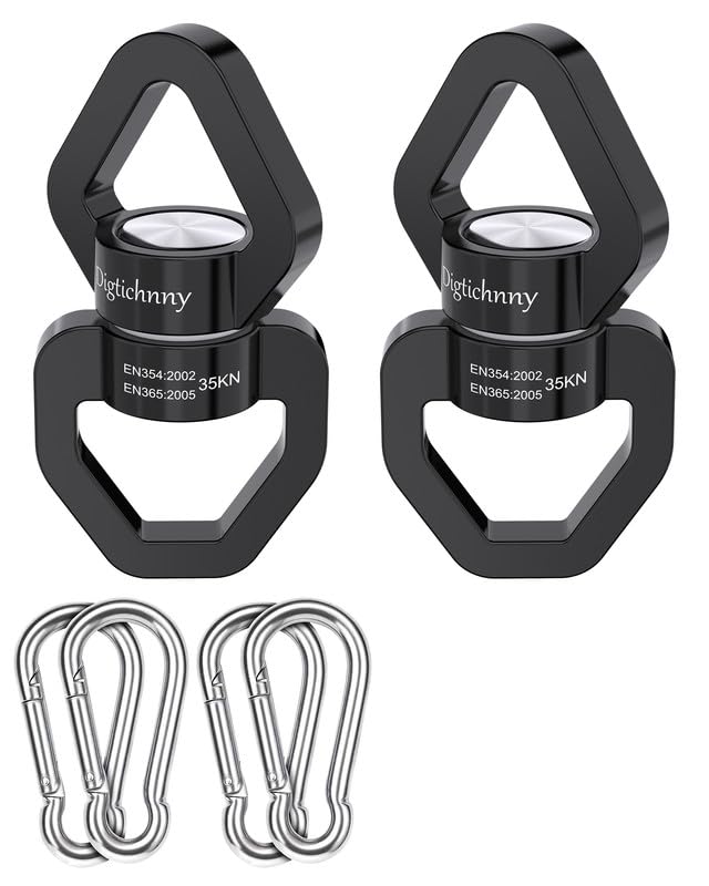 2 Pack Swing Swivel Hook, 35KN Aluminium Alloy Swing Swivel Heavy Duty, Swing Spinner For Children's Swing,Aerial Yoga,Web Tree Swing,Hanging Hammock Indoor Outdoor(Black with 4 Carabiners) - style: Black-2 Pack with 4 Carabiners
