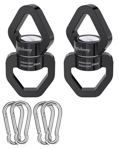2 Pack Swing Swivel Hook, 35KN Aluminium Alloy Swing Swivel Heavy Duty, Swing Spinner For Children's Swing,Aerial Yoga,Web Tree Swing,Hanging Hammock Indoor Outdoor(Black with 4 Carabiners) - style: Black-2 Pack with 4 Carabiners