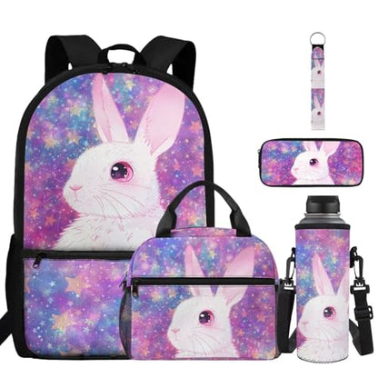 ZDCUSTOM Kids School Backpack Set 5 Pieces, Bunny Bookbag for Boys Schoolbags with Lunch Box, Pencil Bag, Cup Sleeve, Keychain, Schoolbags with Side Pockets, Back to School Supplies for Girls - color: Bunny