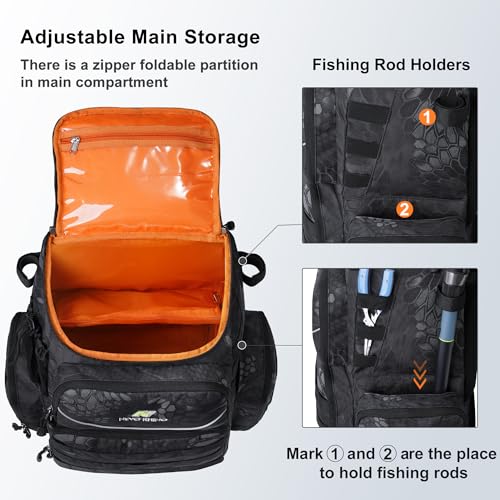 N NEVO RHINO Fishing Tackle Backpack with Rod Holders, 40L Large Fishing Bag with Waterproof Rain Cover,Outdoor Tackle Bag - color: Camouflage Black Pack with 4 Trays, size: Pack with 4 Trays