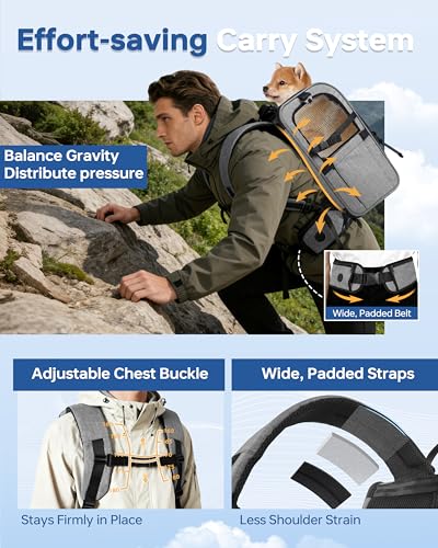 Hiking Dog Carrier Backpack, Padded Height-Enhancing Design, Adjustable Waist Cushioning Belt with Breathable Padded Back Support, Dog Carrier Backpack for Small Dogs Max 13LB Grey with Pad - color: Grey