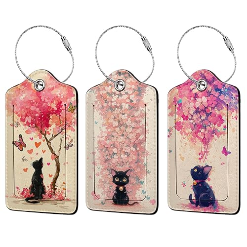 Cute Black Cat 3 Pack Luggage Tags, PU Leather Luggage Tags for Suitcase,Name ID Labels with Privacy Cover Suitcases and Metal Loop for Travel Bag Suitcase - color: Cute Black Cat