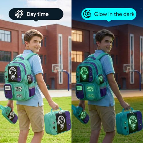 Boys Backpack, Luminous Gamer Backpack for Boys with Lunch Box,Pencil Case and Coin Puese,Kids Schoolbag Bookbag for Teen Boy Elementary Middle High School Travel(Green-Purple) - color: Green-purple