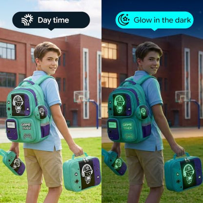 Boys Backpack, Luminous Gamer Backpack for Boys with Lunch Box,Pencil Case and Coin Puese,Kids Schoolbag Bookbag for Teen Boy Elementary Middle High School Travel(Green-Purple) - color: Green-purple