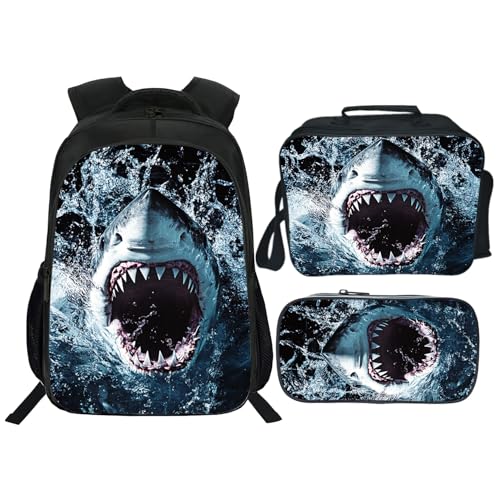 Shark Backpack Ocean Kids Bookbag 16inch Schoolbag With Lunch Box Bag And Pencil Case Set For Boys Girls - color: Shark