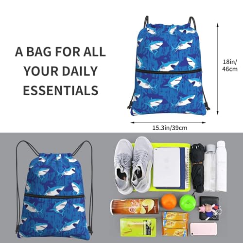 JOOCAR Shark Drawstring Bag Blue Ocean Sea Backpack Draw String Bags Waterproof Lightweight Sports Gym Beach Sackpack Zipper Pocket for Men Women - color: B3