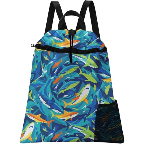 Blue Shark Drawstring Backpack, 15” x 17” Waterproof Swim Bag for Beach Swimming Pool, Lightweight Foldable Gym Bag with Water Bottle Holder for Sports Travel - color: Blue Shark