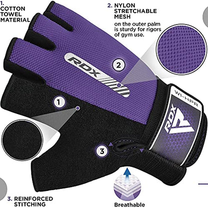RDX Weight Lifting Gloves Gym Fitness Workout, Anti Slip Padded Full Palm Protection, Ultra Ventilated, Bodybuilding Strength Training HIIT WOD Exercise, Half Finger Men Women Cycling Rowing Climbing - color: Purple, size: Large