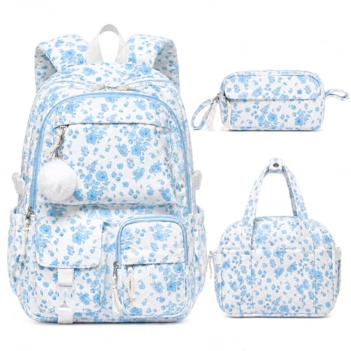 Backpack for Girls, 3PCS Corduroy Girls Schoolbag Set with Lunch Bag & Pencil Pouch, Lightweight Teen Girl Backpacks for Elementary Middle High School Bookbag Laptop Bag Travel Daypack - color: Blue Floral
