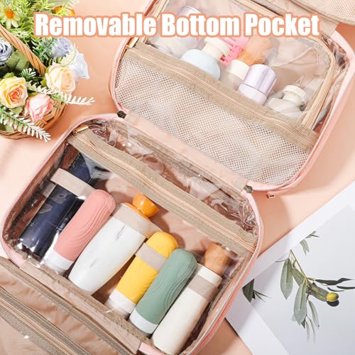Travel Hanging Toiletry Bag for Women Foldable Makeup Bag with Jewelry Organizer Compartment, PVC Waterproof Cosmetic Travel Bag for Business Camping Bathroom Pink Toiletry Organizer(Pink)