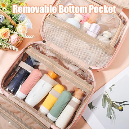 Travel Hanging Toiletry Bag for Women Foldable Makeup Bag with Jewelry Organizer Compartment, PVC Waterproof Cosmetic Travel Bag for Business Camping Bathroom Pink Toiletry Organizer(Pink)