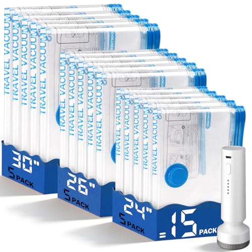 15 Pack Vacuum Storage Bags for Travel with Rechargeable Cordless Pump, Space Saver Bags for Clothes, Compression Packing Bags for Luggage and Suitcase,Blue - size: 15 Combo Size-Blue