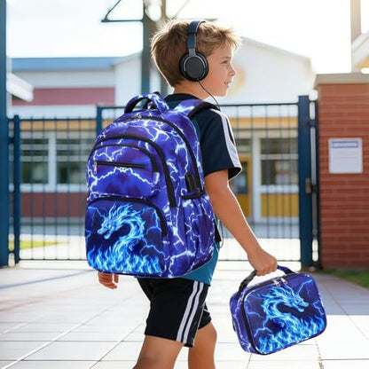 Bevalsa Backpack for Boys, Lightning School Bags with Lunch Bag & Pen Case for Kids, Bookbag for Boys Teens Elementary Middle High School - color: Blue Dragon