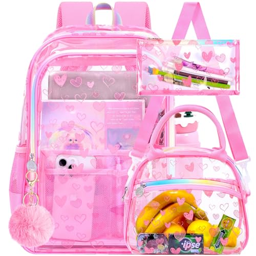 gxtvo 3PCS Girls Clear Backpack Heavy-Duty Set for Women & Teen, 17" Rose Pink Transparent Bookbag with Rainbow Strap, Cute Differentiation Love See Through School Bag - color: Rose Pink Love Clear Backpack Set