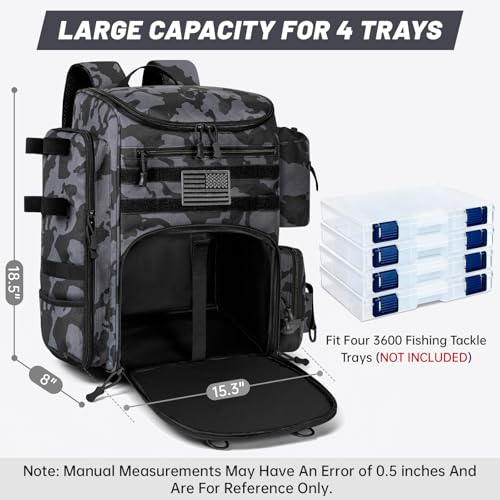 40L Fishing Backpack Water Resistant Fishing Tackle Bag with 2 Rod Holders, Tackle Storage Bag for Anglers（Black camo,Bag Only - color: Black Camo