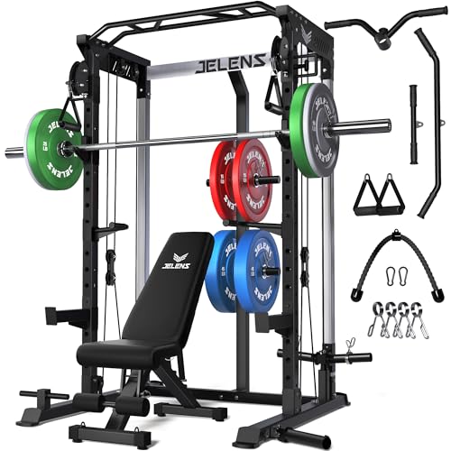 JELENS C21 Power Cage, 2000LBS Multi-Function Power Rack with Independent Dual Pulley System, All-in-One Squat Rack for Cable Crossover, Home Gym Workout Machine - color: Black, size: 190LBS Colored Weights Package