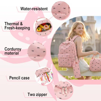 LEDAOU Kids Backpack for Girls Backpacks with Lunch Box, Lightweight Bookbag Set Elementary Middle School Back pack for 8-14 - color: Bow Pink Backpack