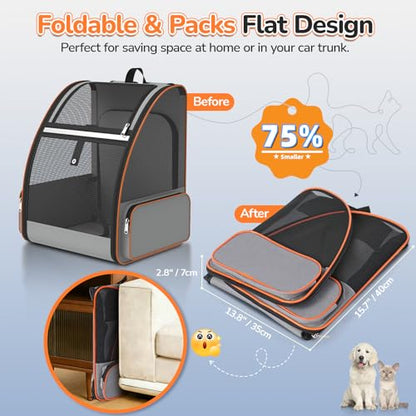 Cat Backpack Carrier Expandable for Outdoor - Foldable Cat Backpack with Breathable Mesh for Small Dog Puppy Kitten Up to 15 lbs - Soft Sided Pet Carrier for Travel Hiking Camping (Gray)
