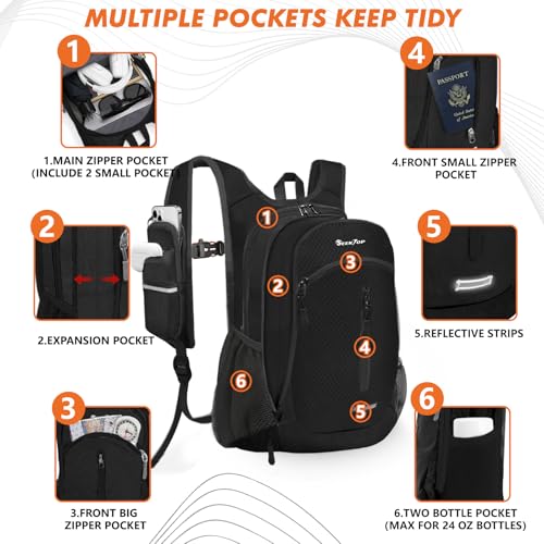 Seektop Small Hiking Backpack Expandable 12L-15L, Lightweight Packable Waterproof Daypack with Phone Pocket for Women Men - color: Black