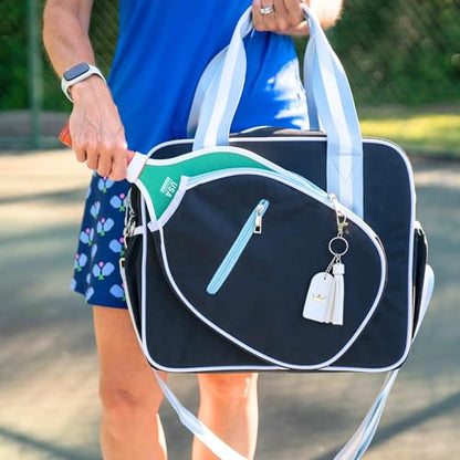 Cute Prepster Pickleball Bag for Women with Fence Hook, Tote with Pockets for Water Bottle, Paddles, Balls, Accessories - color: Black