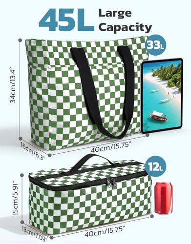 ISEYOU Beach Bag and Cooler Bag Set, 45L Waterproof XXL Foldable Tote with Zipper, 8 Pockets for Pool, Picnic, Travel - color: Green